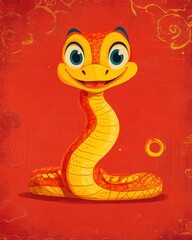 Fototapeta premium Cute cartoon snake illustration on red background with gold accents.