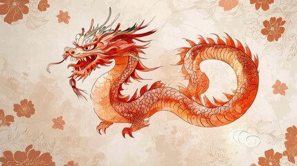 Obraz premium Fiery orange dragon with detailed scales and ornate features, set against a floral background.