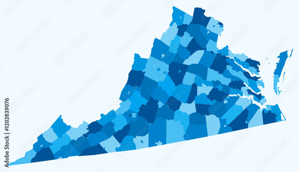 Poster map of virginia with counties. just a simple state border map with county division. light blue color