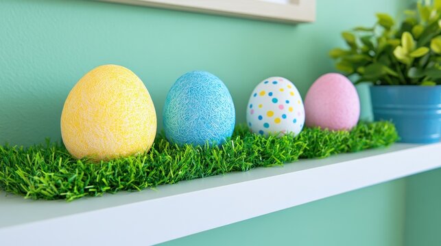 Colorful paper mch Easter eggs displayed on a modern shelf with faux grass.