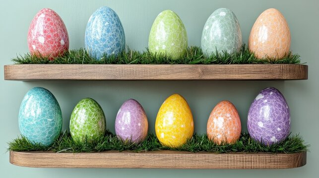 Colorful paper mch Easter eggs displayed on a modern shelf with faux grass.