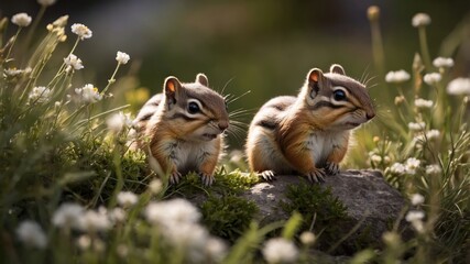 Two chipmunks sitting on a rock among flowers in a sunny environment.
