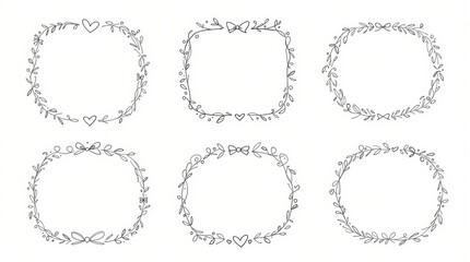 Fototapeta premium Hand-drawn floral frames set with heart and leaf elements