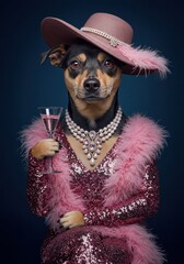 Fashionable dog in pink outfit with hat and pearl necklace holding cocktail glass