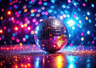 Spinning disco ball, glittering reflections in a dark room. Retro party vibe; bokeh and abstract light.