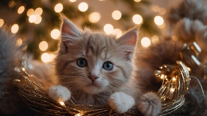 A cute kitten resting among festive lights and decorations.