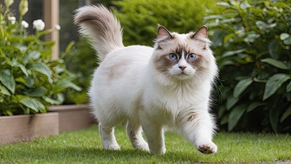 Chocolate point ragdoll cat in the garden