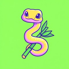 Naklejka premium A cute, cartoonish snake with big eyes, coiled around a bamboo stick, set against a vibrant green background.