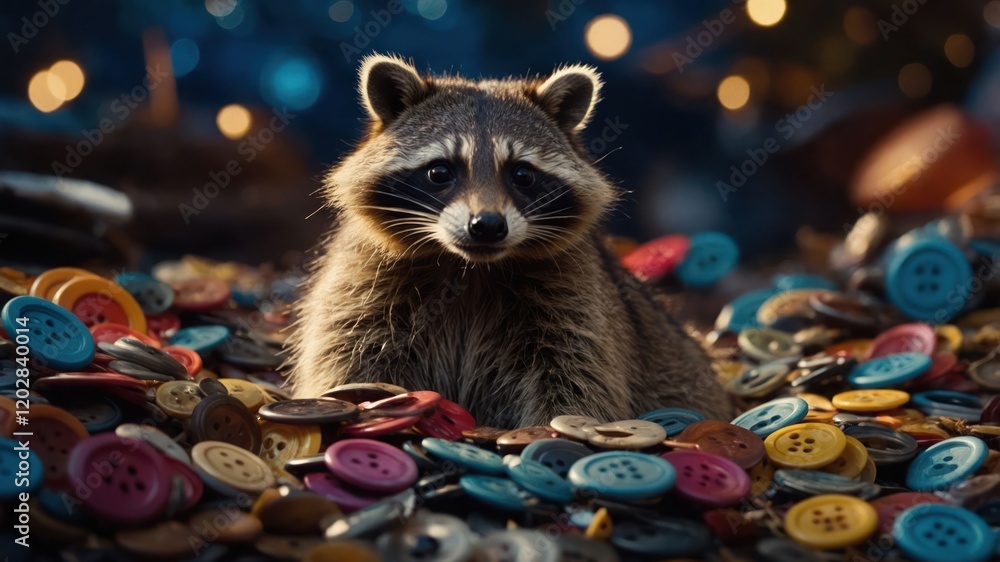 Poster a raccoon surrounded by colorful buttons, creating a whimsical and playful scene.