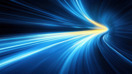 Abstract blue road with motion blur and light trails on a dark background, a technology concept