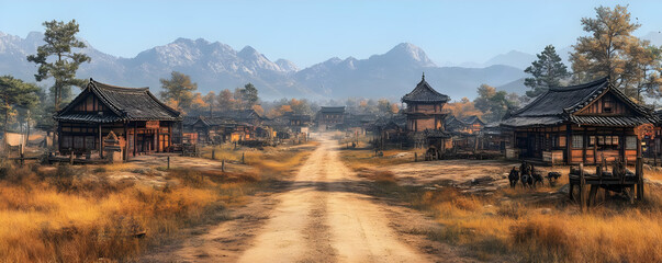 Obraz premium Asian village road, mountains, autumn