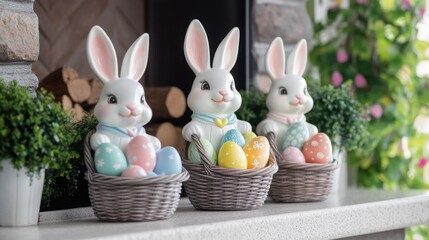 Easter bunny figurines holding baskets of colorful eggs displayed on a mantel.
