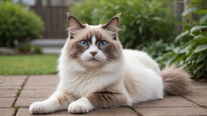 Obraz premium Chocolate point ragdoll cat in the garden