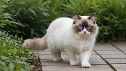 Chocolate point ragdoll cat in the garden