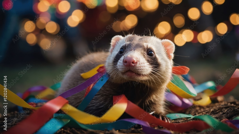 Poster a playful ferret surrounded by colorful ribbons and soft bokeh lights, creating a festive atmosphere