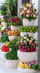 Stunning market display with colorful fruits and flowers arranged in tiers, showcasing vibrant produce and floral arrangements