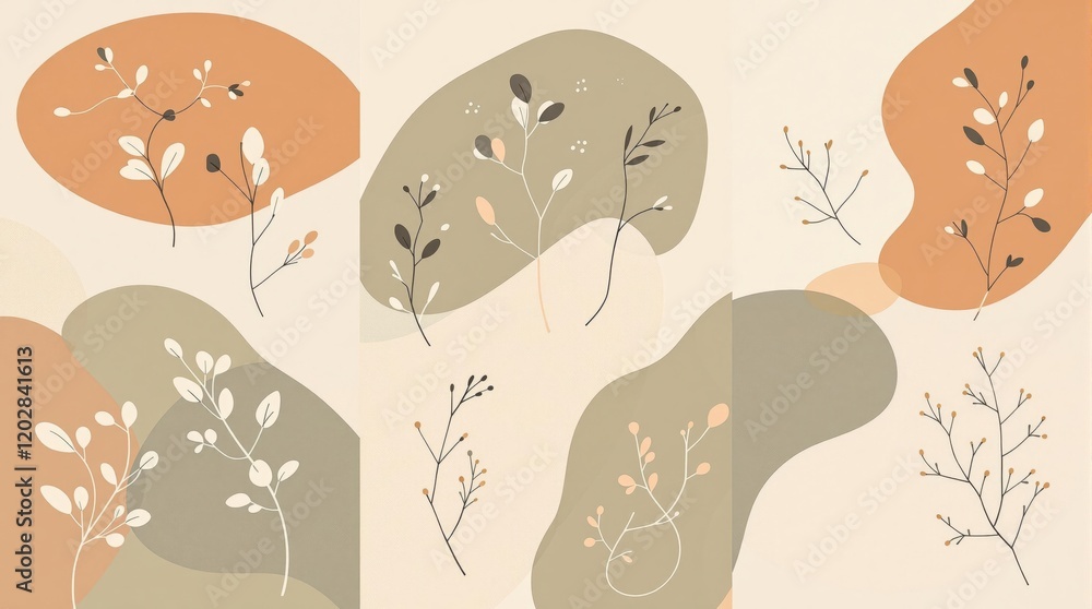 Poster minimalist botanical art print with abstract shapes and neutral tones