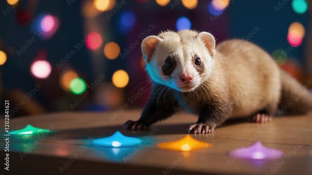 Aufkleber a ferret exploring colorful lights on a table, creating a playful atmosphere.