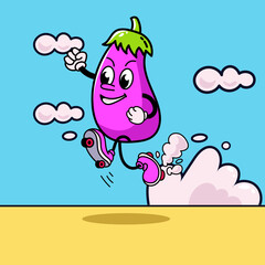 Cute and fun retro eggplant cartoon character vector illustration. Cool and fun eggplant character print design.