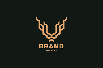 Stylized Geometric Lion Head Logo with Antlers in "V" Shape, Minimalist Modern Design, Luxurious Gold Color Scheme