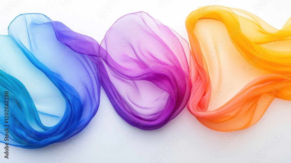 Poster colorful flowing silk fabrics in gradient shades, creating a vibrant visual effect for design use