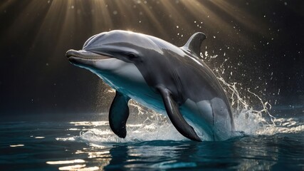 Obraz premium A dolphin leaps gracefully from the water, surrounded by rays of light.