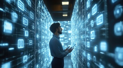 Fototapeta premium A man stands in a digital corridor, interacting with floating holographic data and icons.
