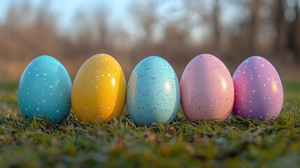 Colorful Easter Eggs on Grass with Blurred Trees in Background - Perfect for Holiday Celebrations