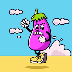 Cute and fun retro eggplant cartoon character vector illustration. Cool and fun eggplant character print design.