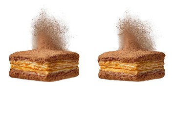 Two delicious caramel and chocolate cakes levitate, sprinkled with cocoa powder, against a clean white background.  Perfect for dessert menus, baking blogs, or food advertising.