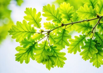 Vibrant young oak leaves unfurl, isolated on white, showcasing spring's new growth.