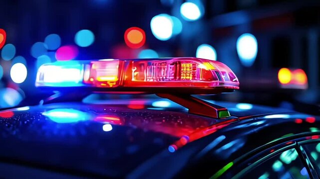 Blue and red light flasher atop of a police car. City lights on the background