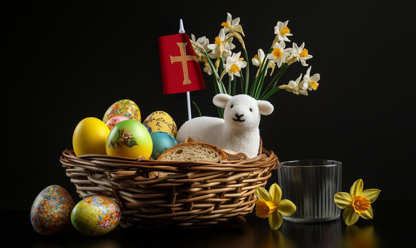 święconka w koszyku, baranek wielkanocny z białego cukru, z proporczykiem, bazie (gałązki wierzby z zawiązanymi wiosennymi pączkami liściowymi), kawałek białej polskiej kiełbasy i kromka chleba