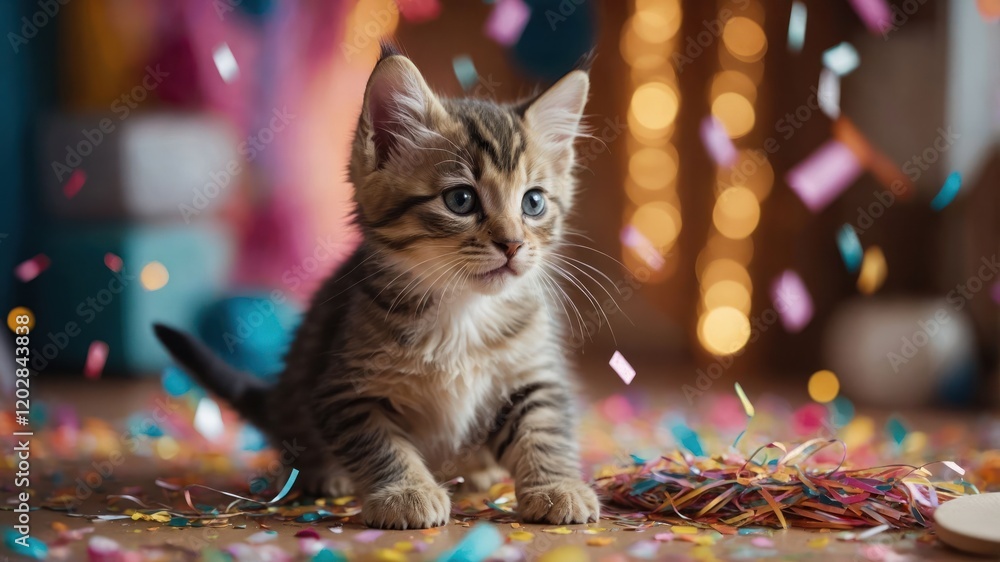 Poster a playful kitten surrounded by colorful confetti, creating a festive atmosphere.
