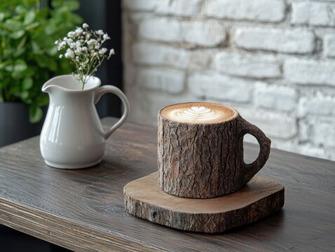 Close-up of a latte art in a rustic tree trunk mug on a wooden table