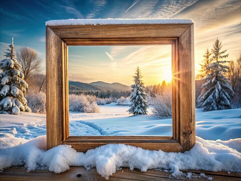 Winter wonderland photo frame:  Showcase your snowy memories!  Empty frame, frozen landscape background.