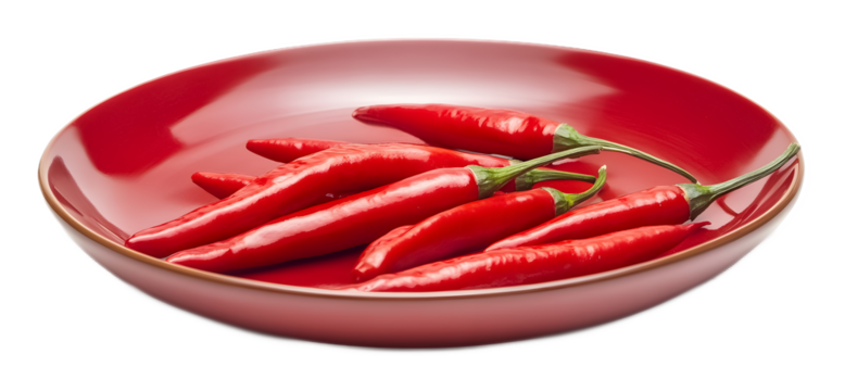Crimson plate with vibrant red chili on a transparent background. isolated background.