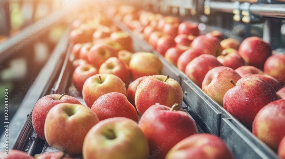 Aufkleber robotic systems sorting fresh apples on a conveyor line in a food factory.