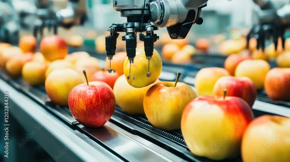 Aufkleber robotic systems sorting fresh apples on a conveyor line in a food factory.