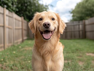 Happy golden retriever puppy in backyard