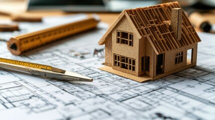 A model house sits on architectural blueprints with tools, highlighting design and construction planning.