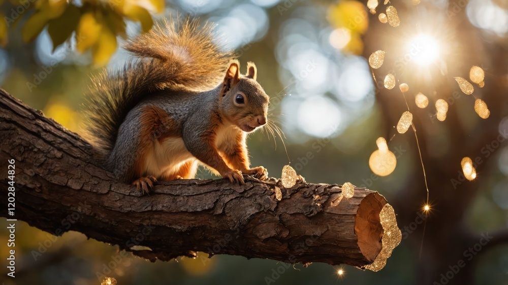 Poster a squirrel perched on a tree branch, surrounded by sparkling lights in a natural setting.