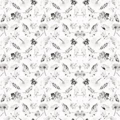 A textured pattern featuring white and gray hues, adorned with numerous small geometric shapes throughout the design.