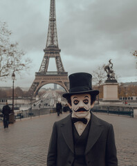 Przerażający clown stoi w Paryżu pod wieżą eiffla, horror, stare zdjęcie