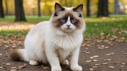 Chocolate point ragdoll cat in the park