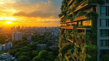 Obraz premium A modern building adorned with greenery against a sunset skyline, showcasing urban sustainability.
