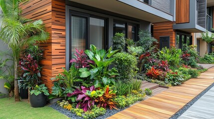 Obraz premium A modern building entrance featuring lush tropical plants and a wooden pathway.