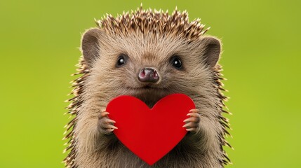 Cute Hedgehog Holding Red Heart on Green Background in Garden