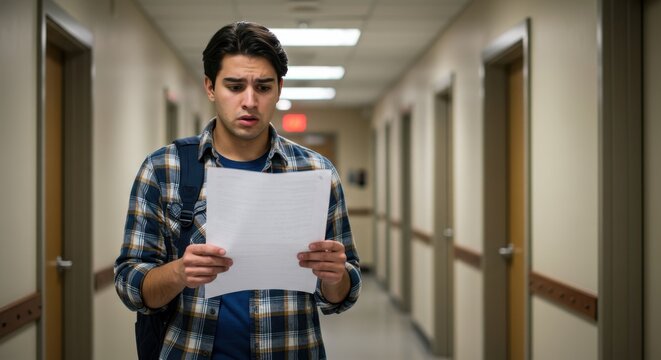 Concerned student reading letter in school hallway