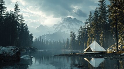 Fototapeta premium Serene mountain lake campsite with canvas tent.